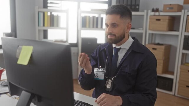 Hispanic man with beard and police badge touching chin at computer in building, wearing tie and lanyard while seated at desk; thoughtful investigation.