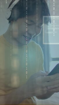 Vertical video: Man tapping phone on bed causing animated tech overlay, camera up, donning headset