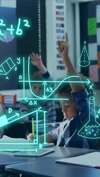 Vertical video: Boy writing and raising hand in classroom asking, causing STEM overlays growing