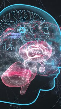 Vertical video: AI emblem glowing, sparking 3D brain rotating, revealing regions, visualizing links