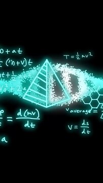 Vertical video: Particles entering left sparking cyan pyramid emerging rotating moving showing math