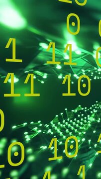 Vertical video: Blur fading, camera moving and yellow digits shifting, nodes pulsing revealing grid