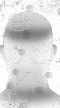 Vertical video: 3D dot mesh head rotating and tilting on signal linking markers showing neural map