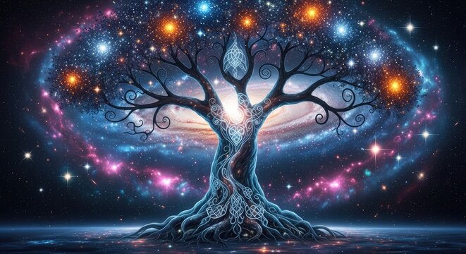 Cosmic tree of life with celtic patterns in starry nebula
