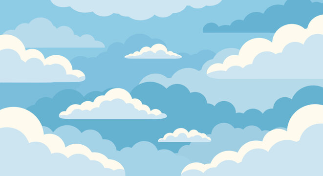Fluffy white clouds floating in a clear blue sky, serene and peaceful atmosphere.