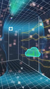 Vertical video: Clouds rising making blue mesh hosting them, streams sliding, showing data flow