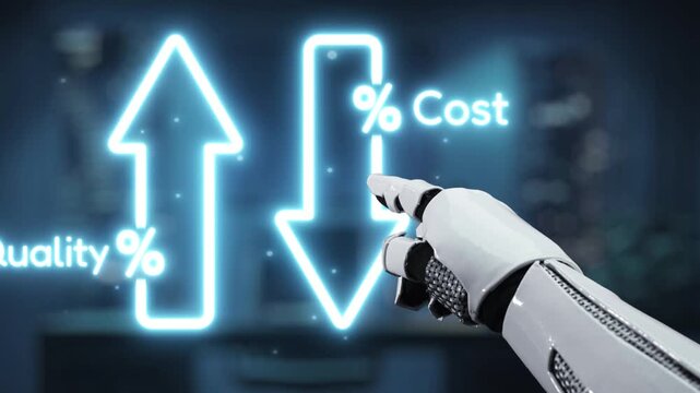 A robotic hand interacts with glowing indicators of cost and quality, symbolizing the impact of technology on business efficiency and decision-making processes. Auvana