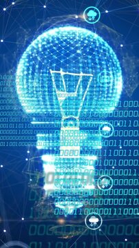 Vertical video: Holographic bulb drawing binary from right, pulsing icons and visualizing data