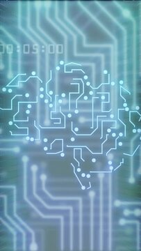 Vertical video: Timestamp ticking, cyan circuit tracing brain shape, nodes pulsing, showing signals