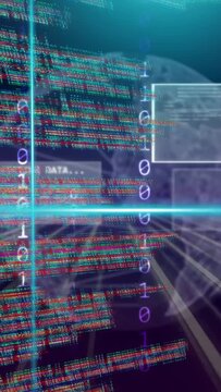 Vertical video: Tall code column being animated after glitch, rotating forward revealing globe data