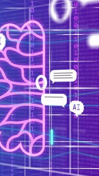 Vertical video: Pink neon stroke appearing, neon brain and cyan panel growing, showing AI chat flow