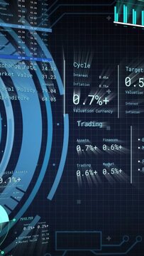 Vertical video: Camera panning right, concentric HUD updating rings gauges bars showing market data
