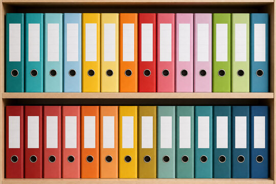 Neatly arranged colorful office binders on wooden shelves, representing organization, document management, workflow efficiency, business administration and structured data storage system