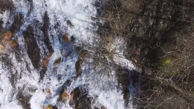 Waterfall Of The Furelos River In Toques Near Melide In The A Coru&ntilde;a Province Of Galicia, Spain. Aerial Tracking Shot