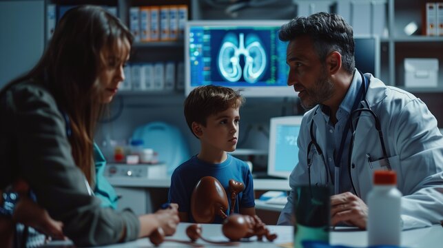 Compassionate nephrologist consulting with young patient and parent in modern hospital room, kidney anatomy model on desk