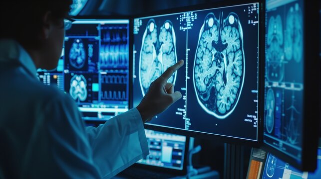 MRI scan of human kidneys showing nephrocalcinosis, calcium deposits glowing bright white against dark tissue, radiologist hands pointing at monitor screen in dark room