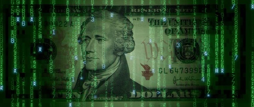 Digital Cash Concept with Ten Dollar Bill made from Animated Numbers and Symbols. Futuristic Banking Background.