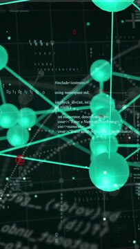 Vertical video: On camera pan turquoise nodes rotating, revealing code streams showing data flow
