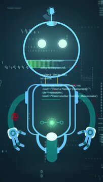 Vertical video: Binary streams starting, robot scanning mouth and pulsing chest to show code status