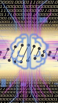Vertical video: Pulse rising and glow bursting brain and linked nodes shifting showing binary flow