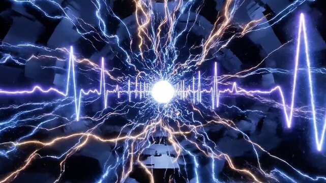 A glowing white orb surrounded by vibrant blue lightning and purple ECG lines on a dark background with scattered geometric shapes