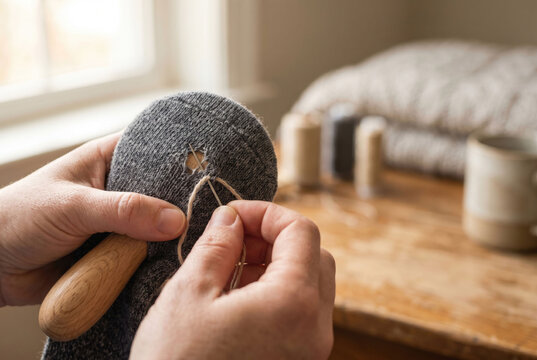 Close up of hands darning wool sock