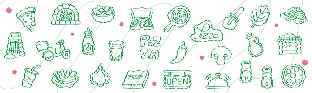 Hand Drawn Doodle Icons Pizza Restaurant, Italian Pizzeria Line Art Illustration Set