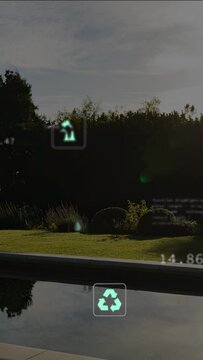Vertical video: Icons popping over pool shifting turbine growing numbers flashing to show eco data