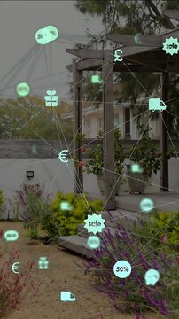 Vertical video: On overlay activation, teal network drifting over porch, clustering commerce icons