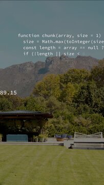Vertical video: Code text appearing, hexagon icons drifting and updating numbers showing emissions