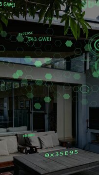 Vertical video: System initiating AR scan, hexagon grid pulsing over patio showing 543 GWEI