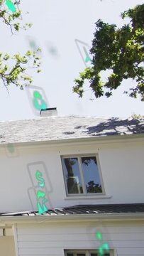 Vertical video: Teal icons appearing offscreen, drifting, crossing roof, settling, showing deals
