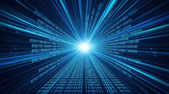 Abstract blue binary code tunnel representing big data flow, artificial intelligence network, cybersecurity concept, digital transformation, high speed internet connection,