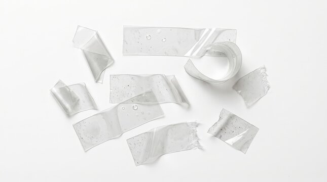 Transparent biodegradable plastic film strips scattered on white background, eco-friendly packaging material concept, sustainable alternative to traditional plastic, zero waste