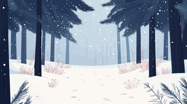 Snowy forest path with bare trees and red-tipped plants, footprints under falling snowflakes. Tranquil winter scene