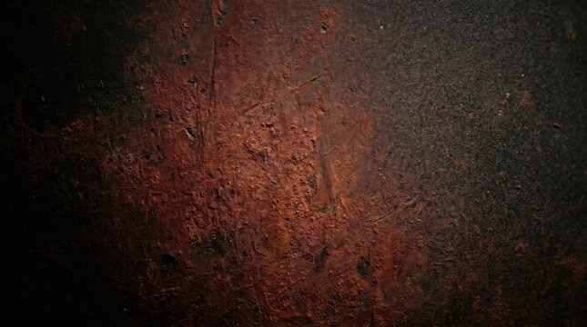 Rusty metal texture background, dark red and brown grunge surface with scratches, industrial corrosion pattern for design overlays, abstract aged steel wall backdrop.
