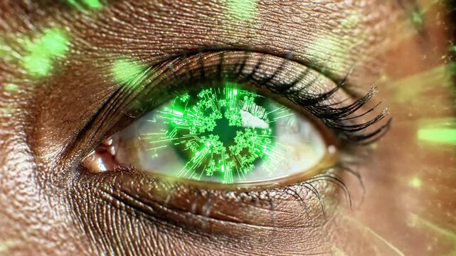 A close-up of a human eye with green snowflake-like patterns in the iris