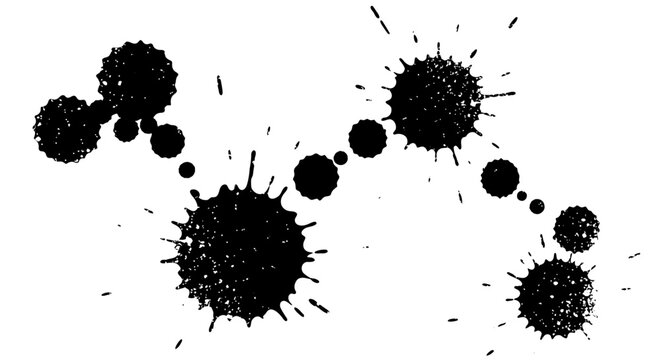 String of Connected Black Ink Splatters and Paint Splashes, Abstract Grunge Design Element, isolated white background.
