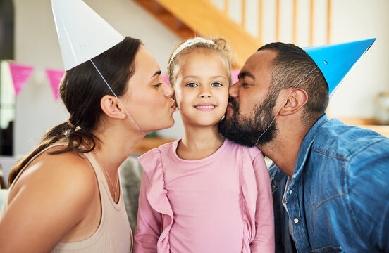 Kiss, parents and child with portrait for birthday party, affection and celebration event for growth. Happy family, people and girl with love for special day, development milestone or support in home