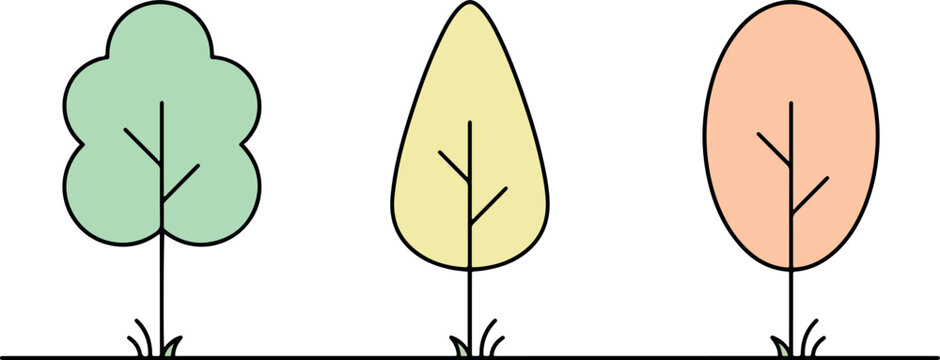 Minimalist line art trees with simple foliage shapes in pastel colors green yellow and peach on thin stems and grass.