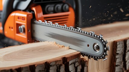 Fototapeta premium Close-up of chainsaw cutting through wood with sawdust flying power tool cutting board chainsaw industry construction equipment machinery activity close-up forestry carpentry particles