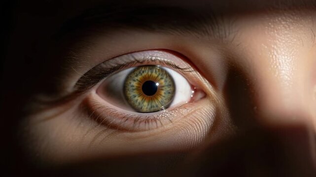 Close-up of a human eye with green iris in shadowed light  