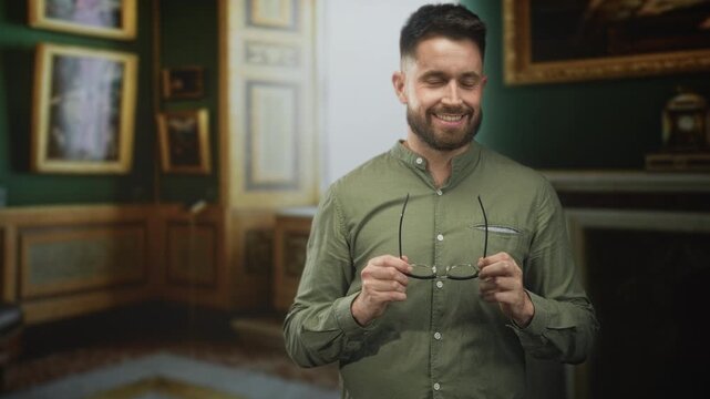 Man with beard and glasses holding eyeglasses in both hands, smiling toward camera inside a classic building lined with framed art; friendly confidence.