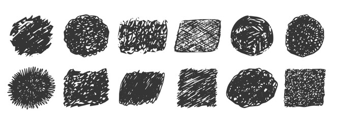 Naklejka premium Scribble sketch crayon texture, sketch. Expressive hand drawn inky crosshatch stains and blobs. Grunge box frame set, dripping drops, torn paper, graffiti elements. Pencil squiggles, scribbles