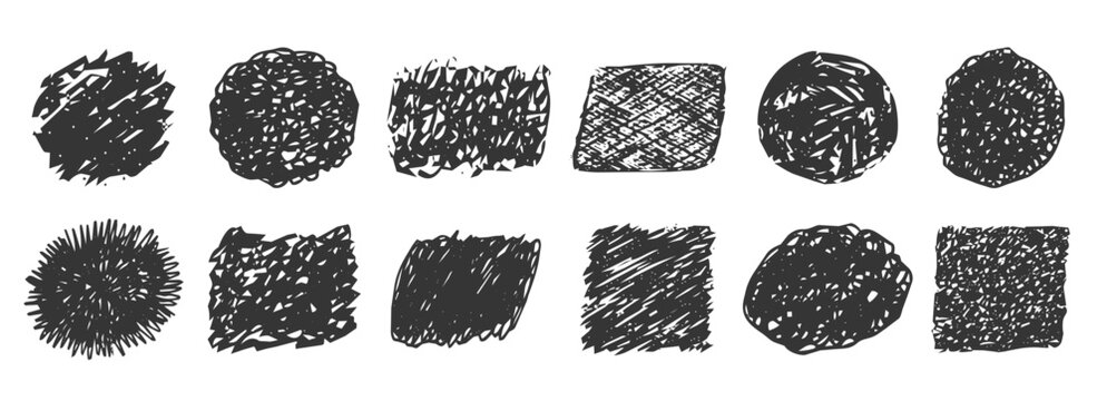 Scribble sketch crayon texture, sketch. Expressive hand drawn inky crosshatch stains and blobs. Grunge box frame set, dripping drops, torn paper, graffiti elements. Pencil squiggles, scribbles