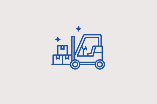 Forklift with boxes line icon for mechanized material handling and warehouse loading. Dynamic vector illustration for machinery rental services and industrial warehouse signage.