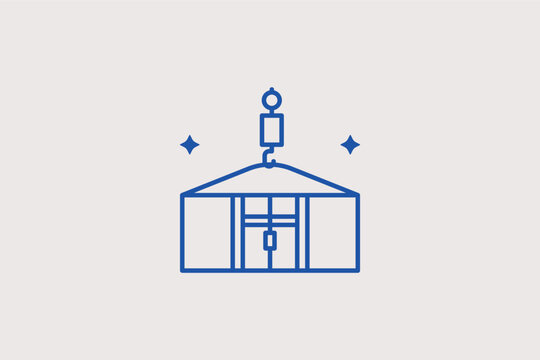 Cargo hook with box line icon for crane operations and heavy load lifting. Industrial vector illustration for maritime safety guides and construction logistics manuals.