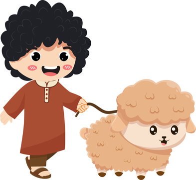 Cute Muslim Boy Leading a Sheep Illustration for Eid al-Adha