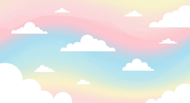 Fluffy white clouds floating in a pastel rainbow sky.