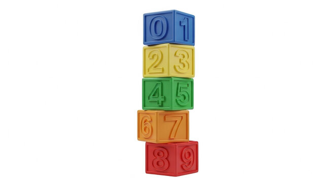 Colorful plastic blocks featuring embossed numbers zero through nine stacked in a tall vertical tower for educational games and childhood learning activities on transparent background
